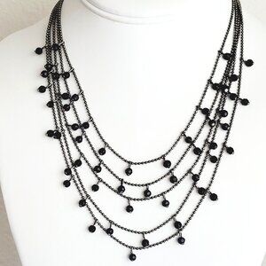 Premier Designs Silver tone & Black Glass Bead Multi ball Chain Necklace